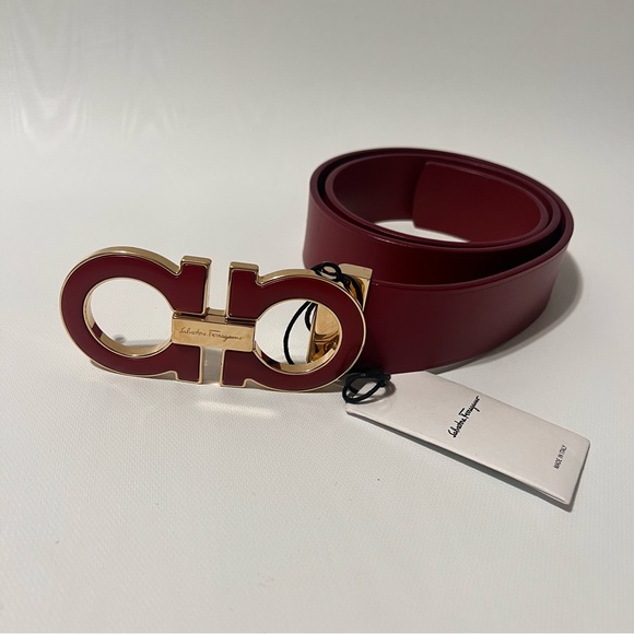 Salvatore Ferragamo Maroon Belt with Big Gold Buckle